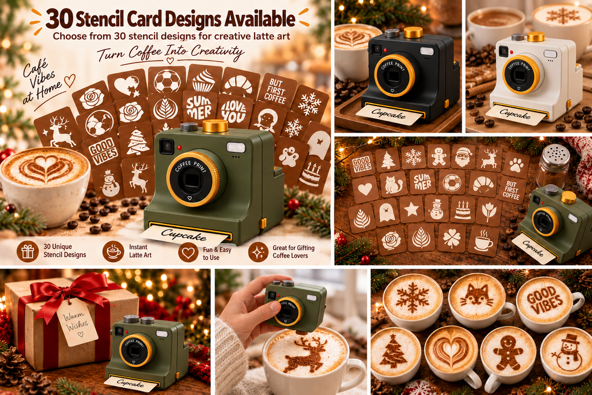Crema Click camera with latte art designs, a gift box and cups topped with stencil patterns